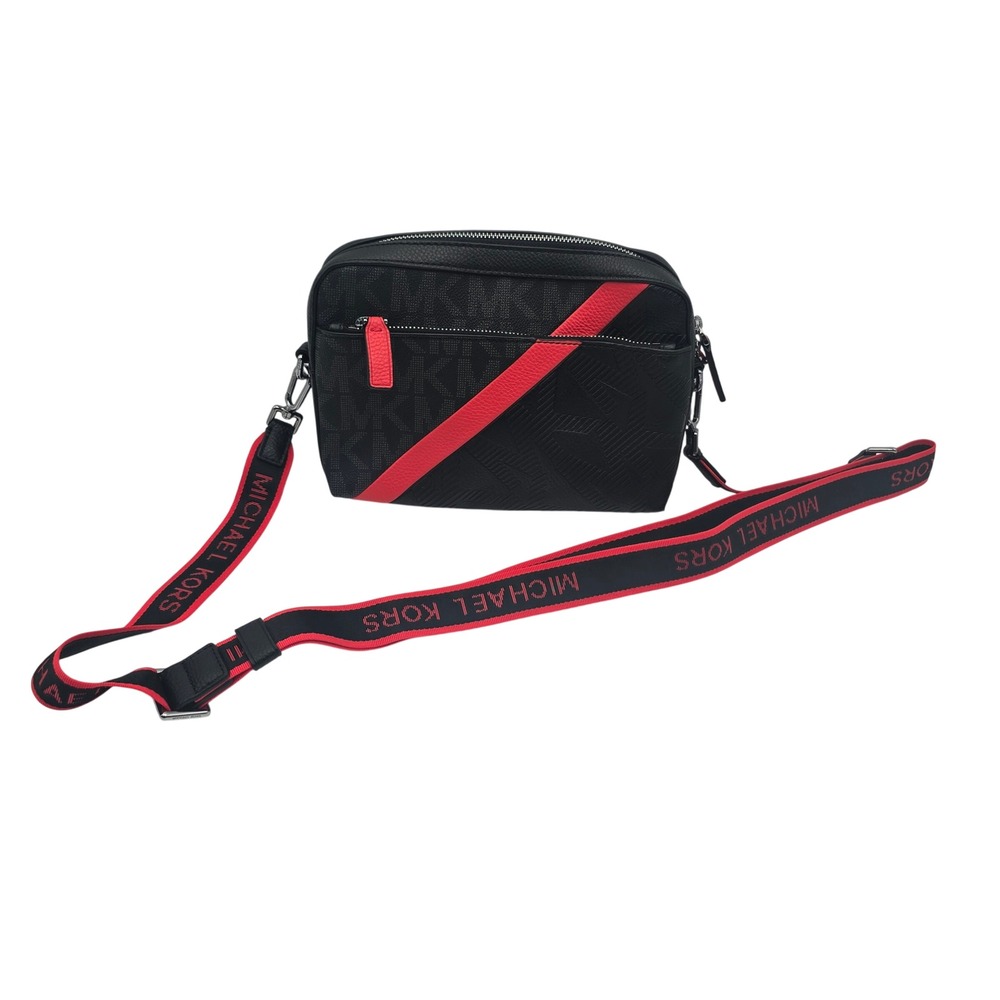 Michael Kors Black Monogram Camera Bag Red Stripe Adjustable Strap - Picture 2 of 10